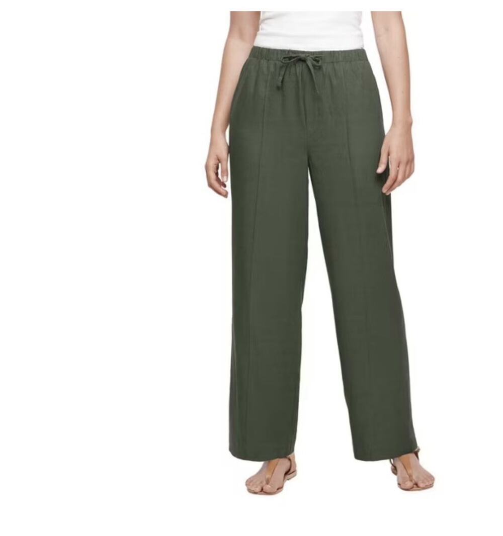 GAP Women's Linen Blend Pull-On Pants Medium Olive Green Drawstring Casual
